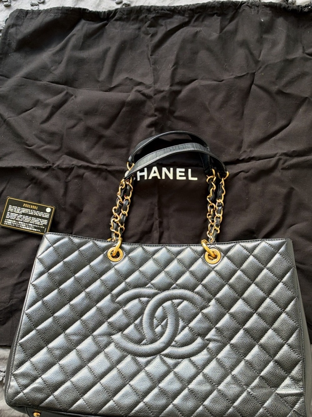 CHANEL Black Quilted Caviar Leather Tote with Gold Chain Handles